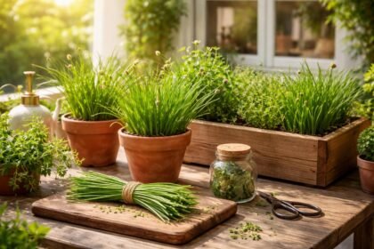 Frischer Schnittlauch im Garten, Halme leuchtend grün, Balkonpflanzen in Töpfen daneben, Sonnenlicht