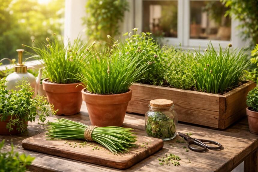 Frischer Schnittlauch im Garten, Halme leuchtend grün, Balkonpflanzen in Töpfen daneben, Sonnenlicht