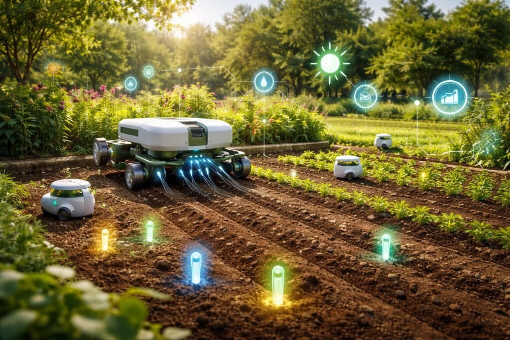 Smart Gardening: Digitale Helfer für die Beetpflege Smarte Gartenhelfer demonstrieren automatisierte Aussaat, Pflege und Bewässerung im Beet.