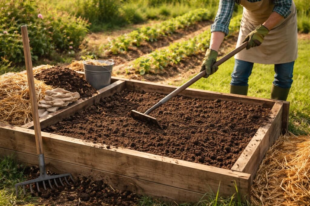 Frisch vorbereitete Erdbeerbeete, Schaufel im Garten, feines Mulchmaterial sichtbar, humusreicher Boden.