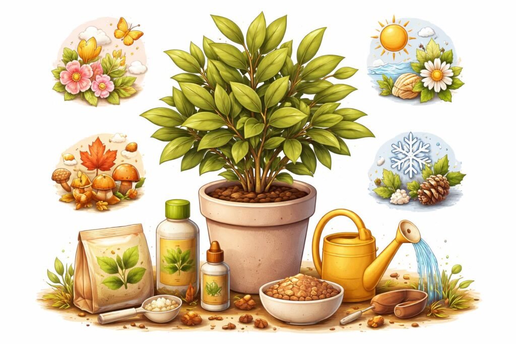 Lorbeerpflanze in Blumentopf wird im Jahresverlauf regelmäßig gedüngt und sanft gepflegt