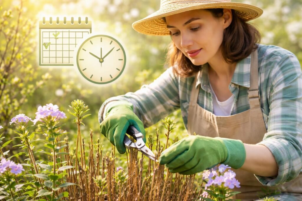 Phlox beim Rückschnitt zeigen, Handschuhe, Gartenschere, sorgfältiges Schneiden, ohne Pflanzenschäden