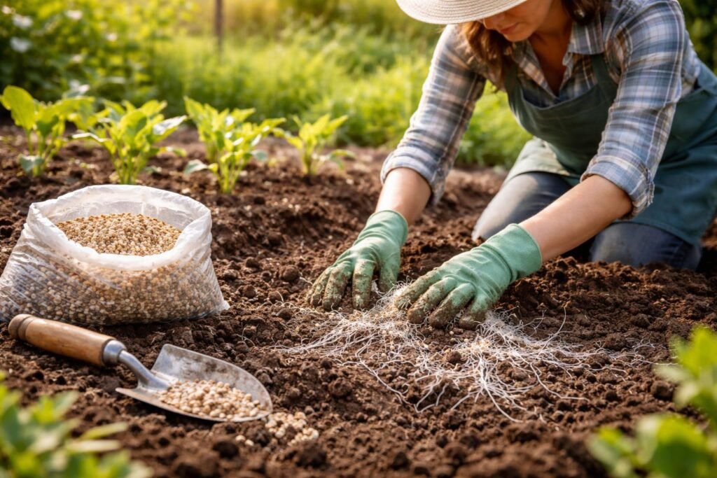 Gartenboden wird vorbereitet, Steinpilzsubstrat wird injiziert, Pilze entstehen unter Anleitung.
