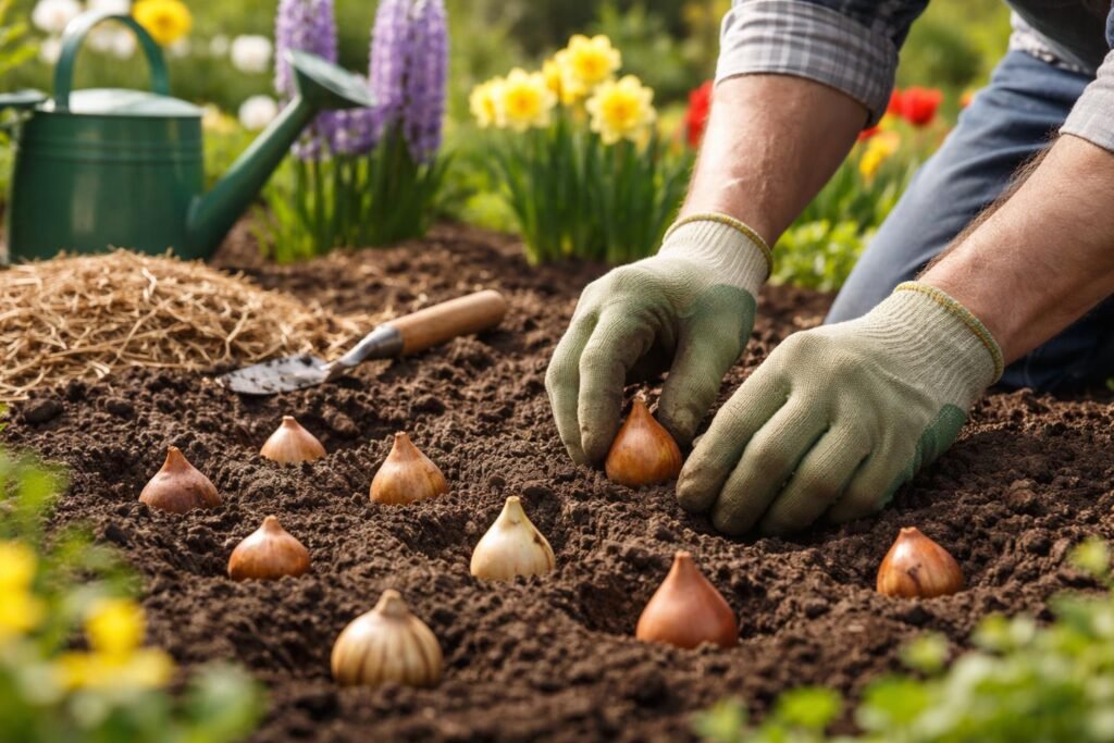 Frühlingsblüher: Zwiebelblumen für die April-Pflanzung - Zwiebelblumen im Frühlingsbeet sorgfältig einsetzen, Pflanzabstände beachten, farbenfrohes lebendiges Beet.