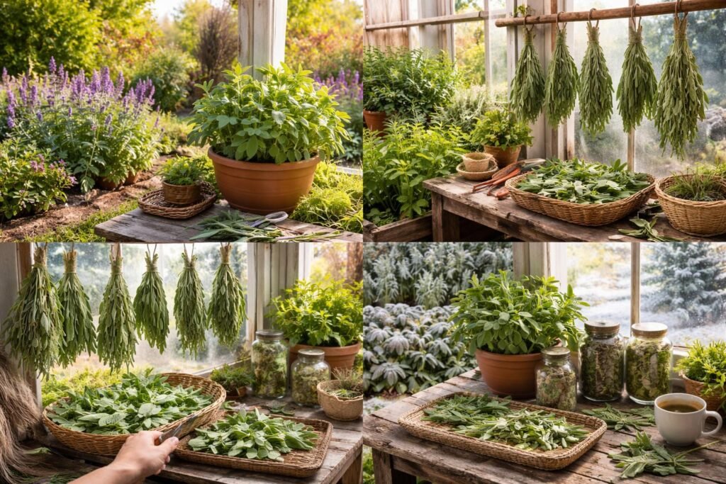 - Salbei im Garten ganzjährig pflegen, ernten und sorgfältig lagern für Aroma.