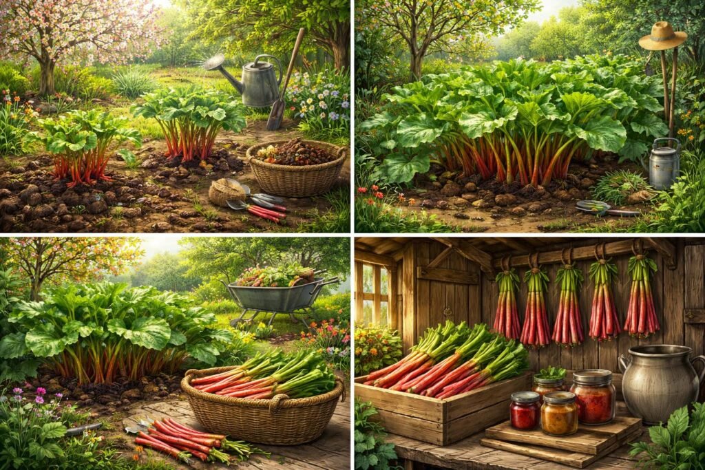 -Rhabarber-Beete pflegen, regelmäßig gießen, düngen, schützen, ernten und lagern über die Saison