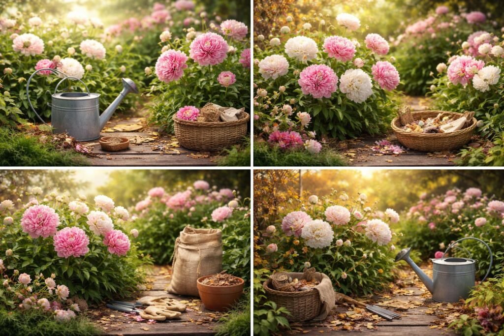 Pfingstrosen: Alles zum Pflanzen, Pflegen & Schneiden Pfingstrosen blühen in einem sonnigen Garten, sorgfältig gepflegt und üppig.