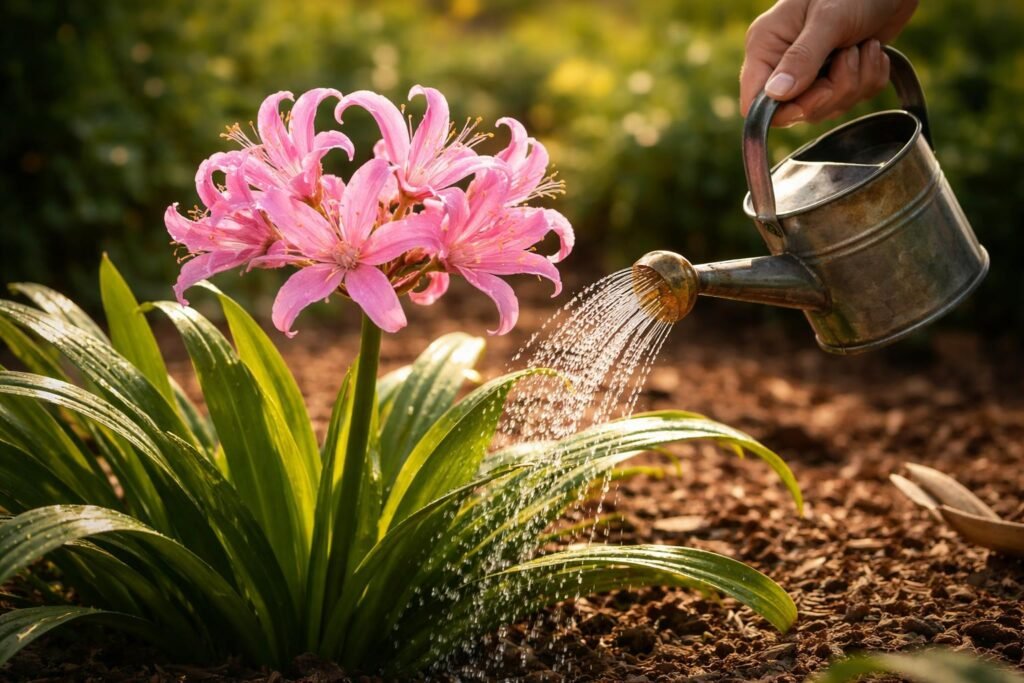 - Nerine während der Blütezeit pflegen: gleichmäßig gießen, düngen, hell platzieren