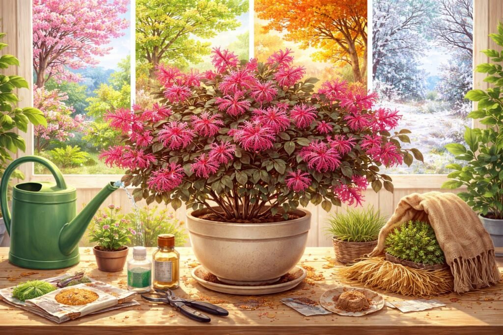 Riemenblüte in buntem Beet; ganzjährig pflegen; sortenreiche Vielfalt harmonisch wachsen lassen.