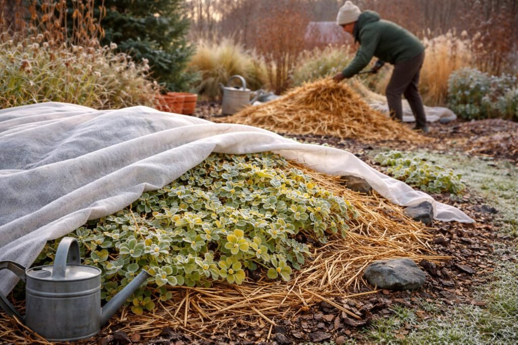 Pfennigkraut im winterlichen Garten, geschützt durch Mulch, Abdeckung und leichtem Schutz