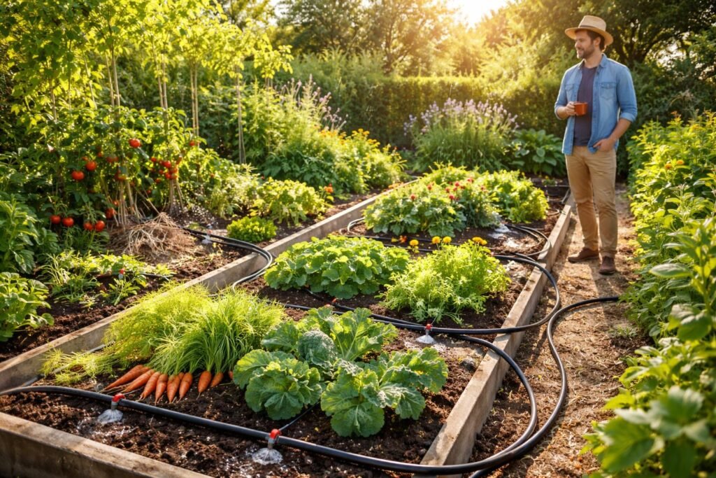 Tröpfchenbewässerung spart Zeit und senkt manuellen Pflegeaufwand erheblich im Garten und auf dem Feld.