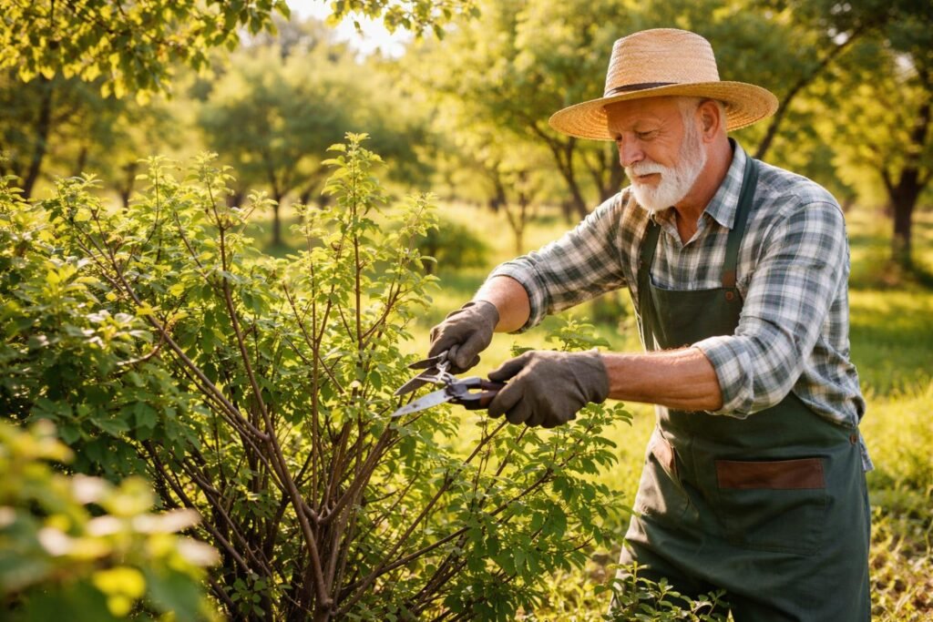 Jostabeeren schneiden: So pflegen Sie den unterschätzten Vitamin-Star in Ihrem Garten - Gärtner schneidet alte, dichte Jostabeeren-Triebe sorgfältig zurück im Frühjahresgarten, beleuchtet von Sonne.