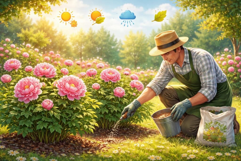 Pfingstrosen düngen: Wann & womit richtig düngen? Pfingstrosen im Garten mit Düngerstreu, Gießkanne, Handschaufel und sonnigem Hintergrund