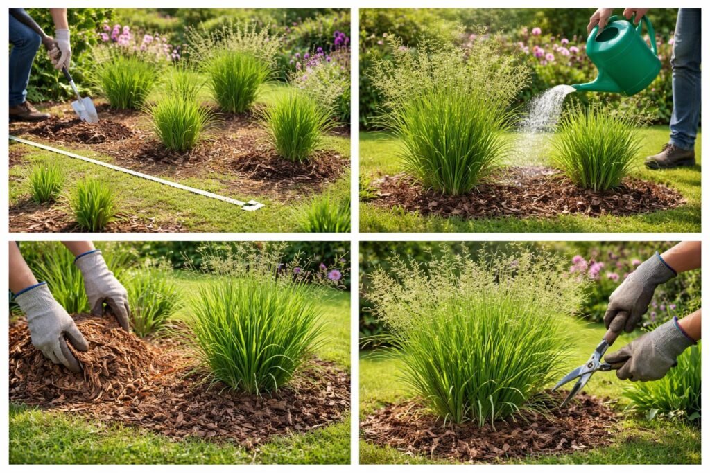 Rutenhirse im Garten zeigt sattgrüne Halme, grobe Körner und sonniges Umfeld.