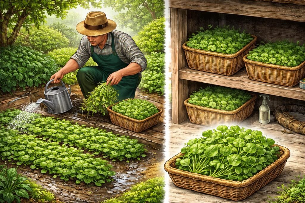 Pflegehinweise zur Brunnenkresse im Garten: regelmäßig gießen, belichten, ernten, kontrollieren.