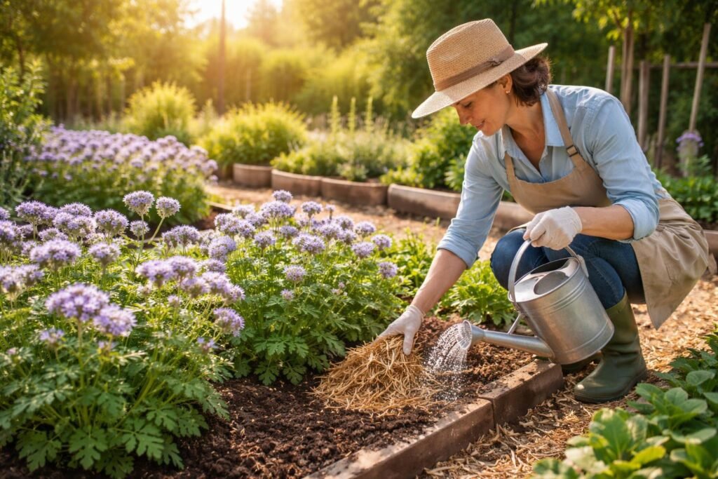 Phacelia: Aussaat der Samen, Standort & Blütezeit des Büschelschöns Phacelia im Garten, pflegeleicht, sonniger Standort, Blütenstände in Nahaufnahme, Bienenbesuch
