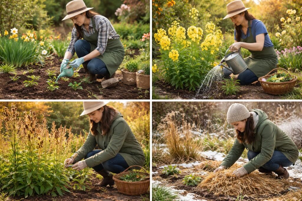 Nachtkerze im Garten; jahreszeitliche Pflege; sonnige Blüten; Mulchen; bewässern und düngen regelmäßig.