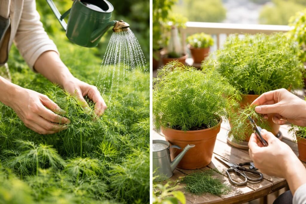 - Dill im Beet und Topf pflegen, gießen, düngen, ernten, lagern.