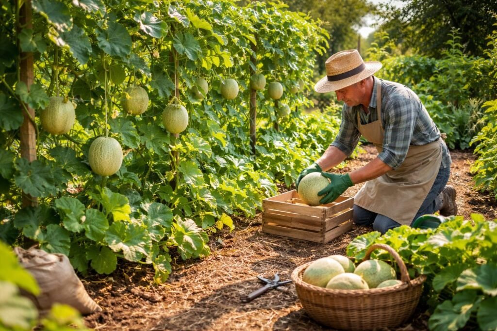 Gärtner gießt Melonenpflanzen, pflegt Blüten und reife Früchte im Sommergarten