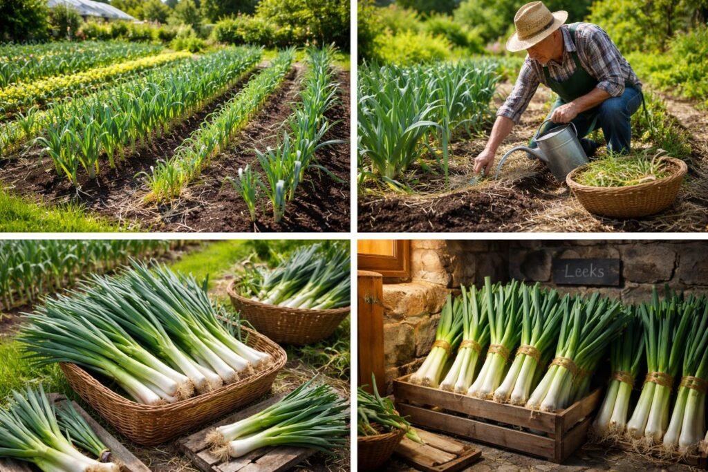 - Porree im Beet, Pflege über Saison, Ernteerfolg und Lagerung sichtbar.