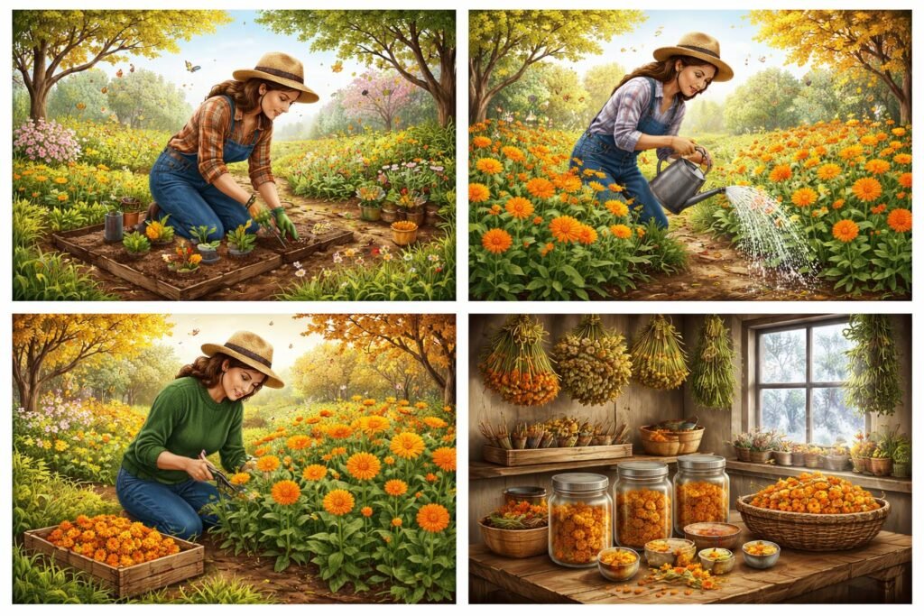 - Ringelblumen im Beet, ganzjährig gepflegt, regelmäßig gegossen, geerntet und gelagert.