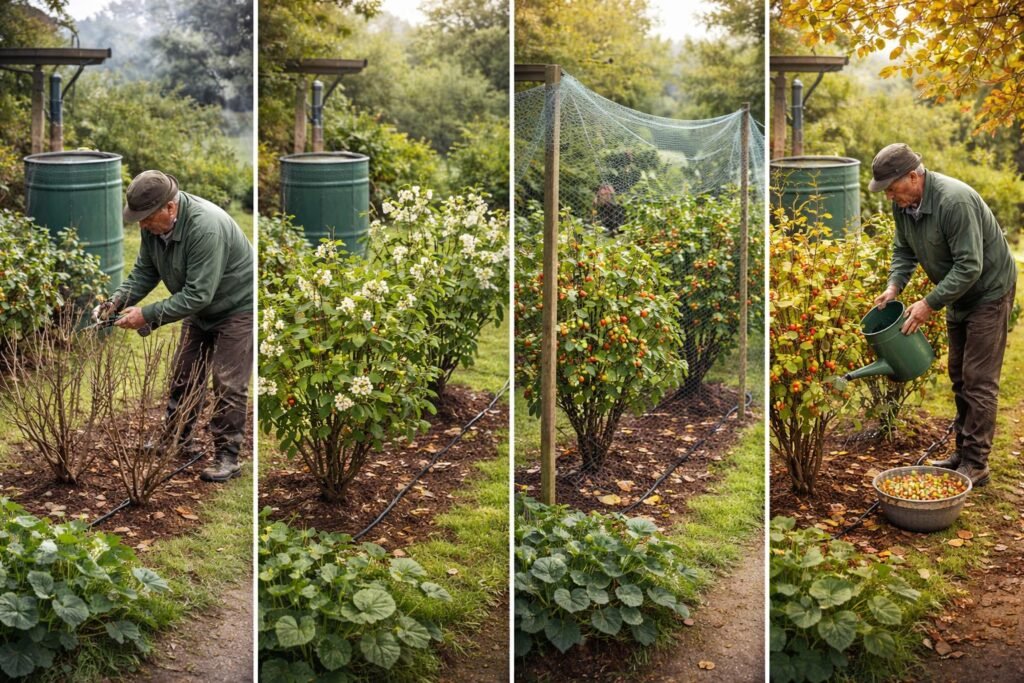 Stachelbeeren im Jahresverlauf pflegen, schneiden, düngen und ernten im Garten.
