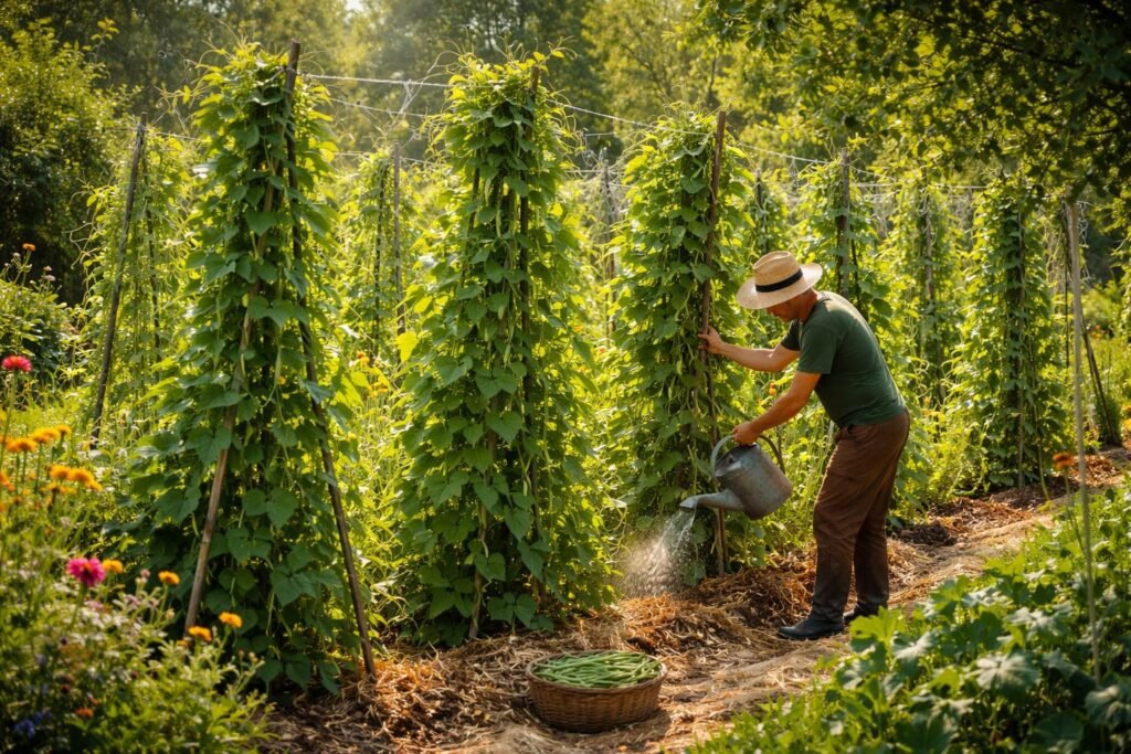 • Stangenbohnen regelmäßig pflegen • Gießen, lüften, düngen • Ernten, lagern, frisch halten