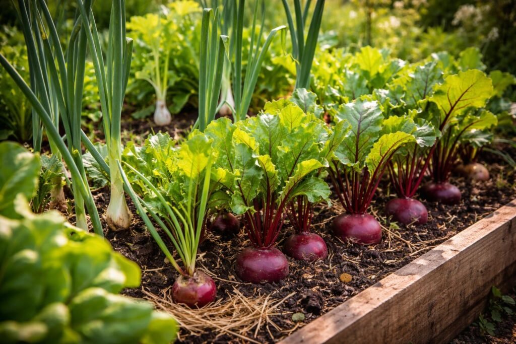 Beet mit Zwiebeln, Knoblauch und Rote Bete im Hochbeet, Vielfalt fördern.
