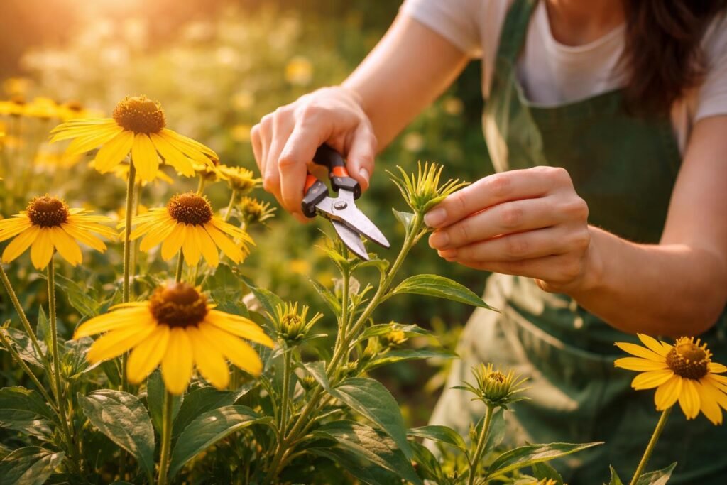 Nahaufnahme von Sonnenhutblüten nach dem Schnitt zur Verlängerung der Blütezeit.