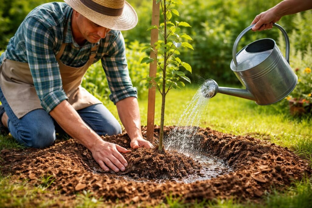 Junger Obstbaum wird fachgerecht eingegraben, Stammschutz vorbereitet, sonniger Gartenboden bereitgestellt.