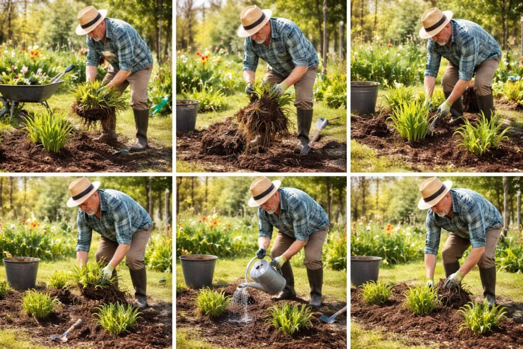 -Gärtner teilt Stauden, pflanzt frisches Beet im Frühling, Schritt für Schritt.