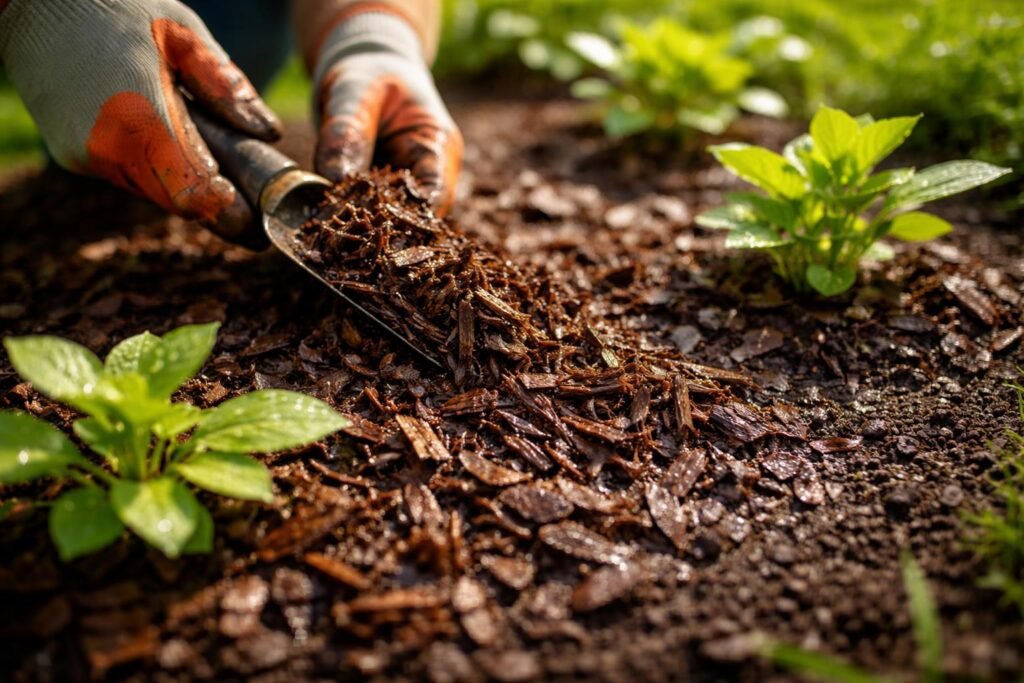 Mulch bedeckt Bodenoberfläche, speichert Feuchtigkeit und schützt Pflanzen vor Verdunstung im Sommer.