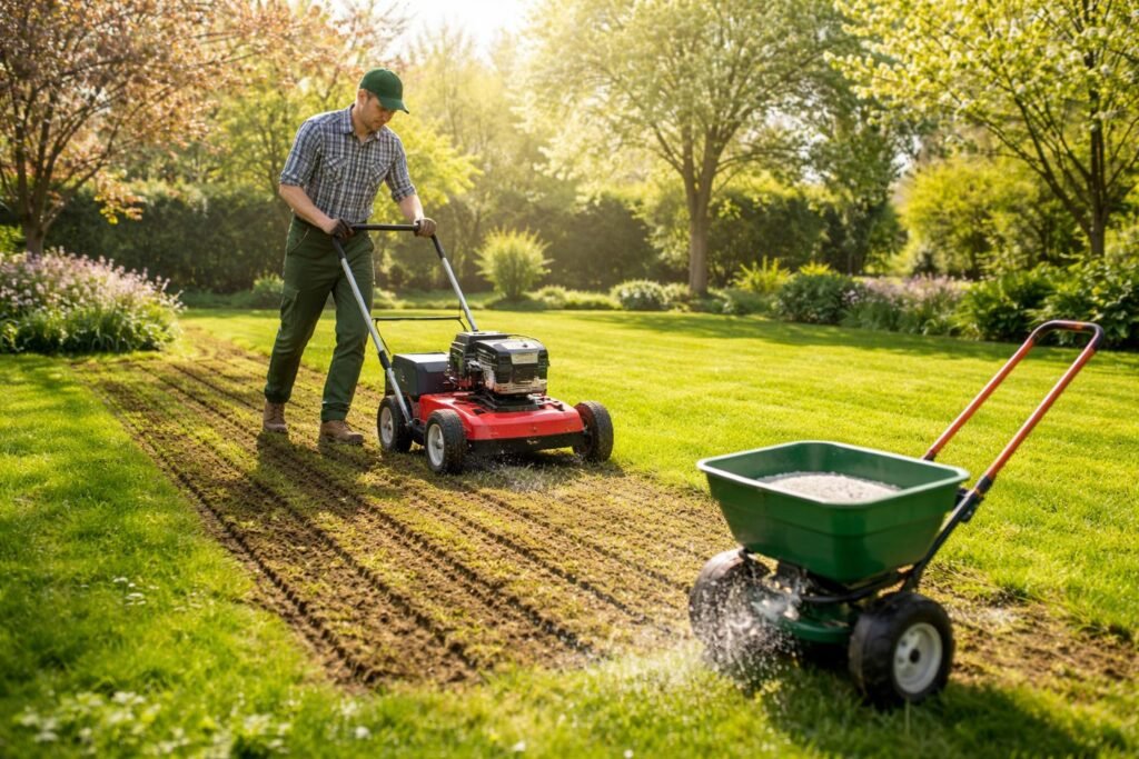Rasenliebhaber vertikutiert schonend nach dem Winter, düngt moderat im Frühjahrslicht.