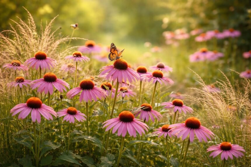 Sonnenhut im Gartenbeet, leuchtende Blüten, Bienenfreundlich, sommerlich farbenprächtig, robust und pflegeleicht.