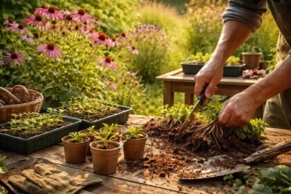 Sonnenhut im Beet, Stecklinge wurzeln, Horste teilen, Nachwuchs wächst draußen.