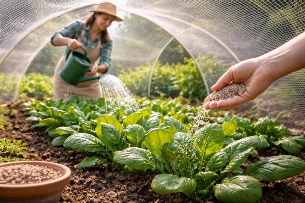 Spinatblätter wachsen, während Gießen, Düngen und Schutzmaßnahmen im Beet sichtbar sind.