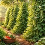 Stangenbohnen am Rankgitter im Gemüsebeet, grün, rankend und reich an Ernte.