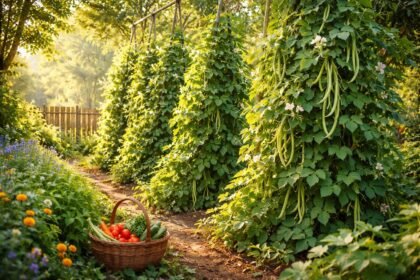 Stangenbohnen am Rankgitter im Gemüsebeet, grün, rankend und reich an Ernte.