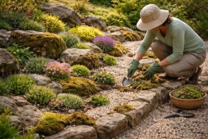 Frühlingshafte Steingarten-Pflege zeigt ordentliche Flächen, verschiebt lose Steine und vertrocknete Pflanzenteile.