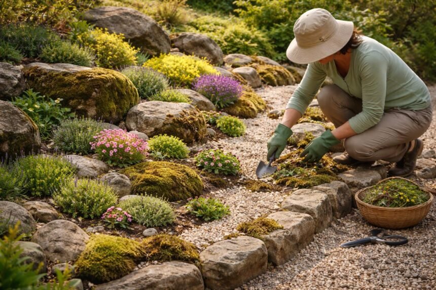 Frühlingshafte Steingarten-Pflege zeigt ordentliche Flächen, verschiebt lose Steine und vertrocknete Pflanzenteile.