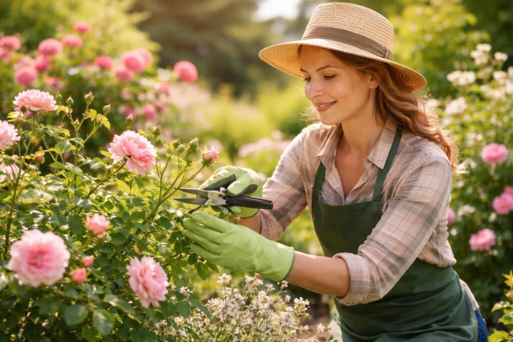 - Gartenpfleger prüft Sträucher, Rosen und Stauden auf den richtigen Schnitt.