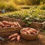 - Warme Sonnenecke im Garten für Süßkartoffeln, dekorativ blühend und ertragreich.