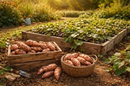 - Warme Sonnenecke im Garten für Süßkartoffeln, dekorativ blühend und ertragreich.