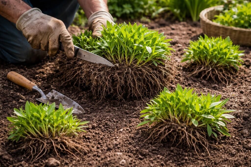 - Teilung älterer Phlox: Ballen teilen, Wurzeln sorgfältig trennen, neue Pflanzen entstehen.