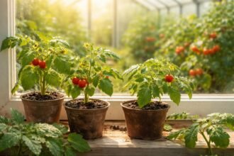 Tomatenpflanzen von Fensterbank bis Gewächshaus, duftend, frisch geerntet, ertragreich, sommerlich.