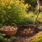 - Topinambur-Pflanze mit gelben Blüten im sonnigen Garten, robuste Knollen sichtbar