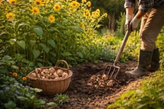 - Topinambur-Pflanze mit gelben Blüten im sonnigen Garten, robuste Knollen sichtbar