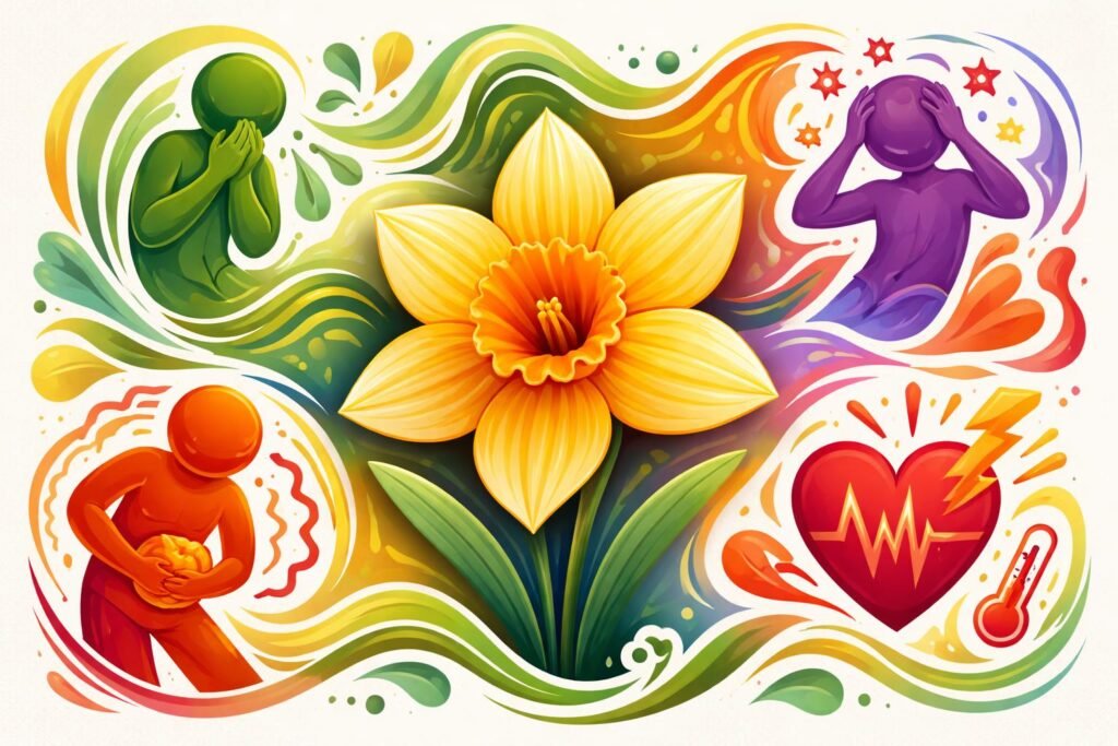 Nahaufnahme einer Narzisse mit Hinweis auf typischen Vergiftungssymptomen und Warnhinweisen.