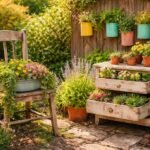 Alte Möbel, Restholz, Dosen und Gläser erhalten durch Upcycling im Garten neues Leben.