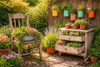 Alte Möbel, Restholz, Dosen und Gläser erhalten durch Upcycling im Garten neues Leben.